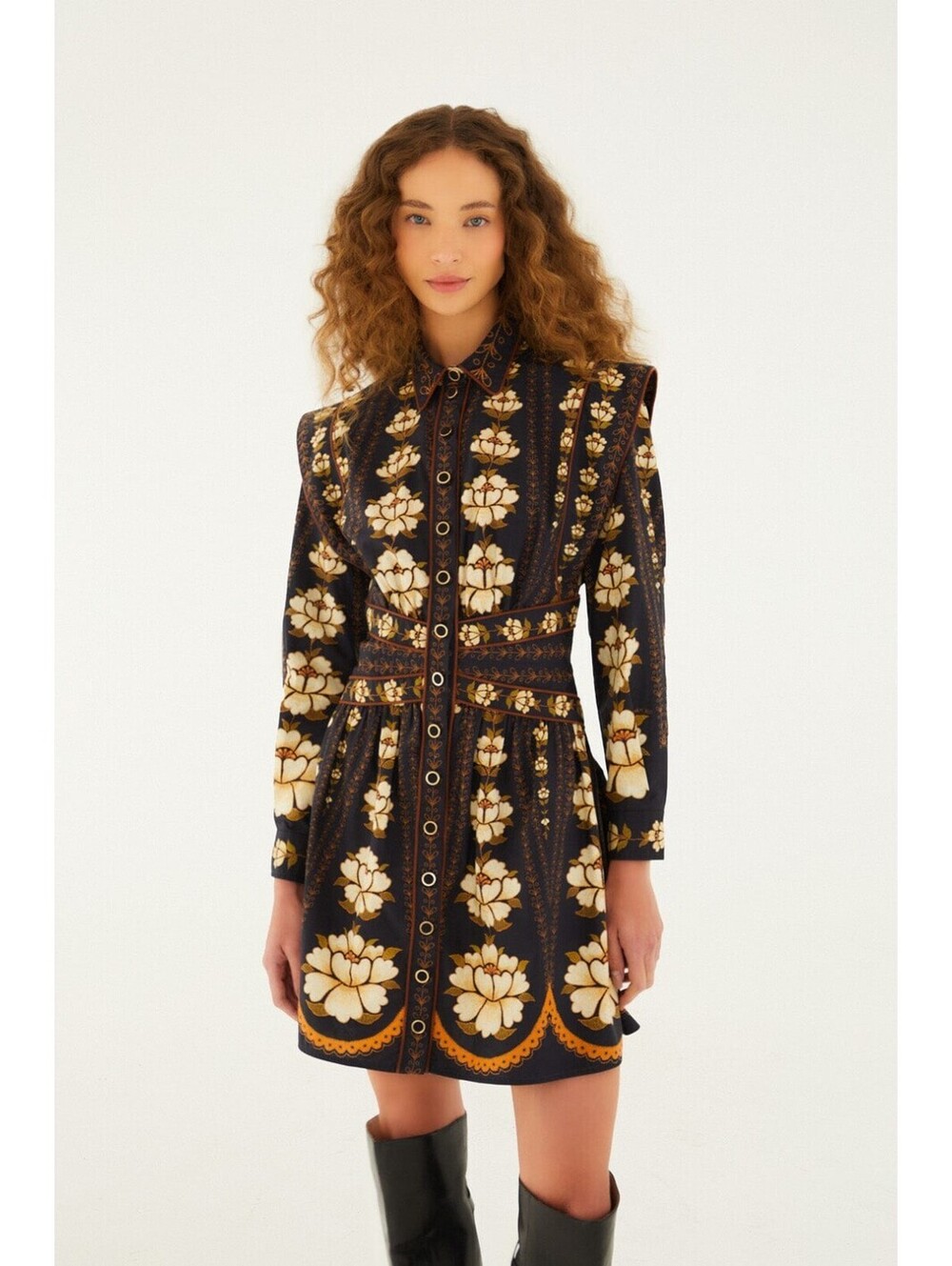 NEW, Farm Rio Black Bold Flowers Long Sleeve Mini Dress Sz M #MD1377